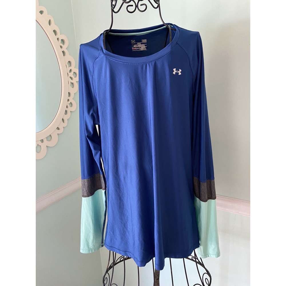 Women's Under Armour Heat Gear Color Block Shirt Fitted L Blue Gray Mint L/S